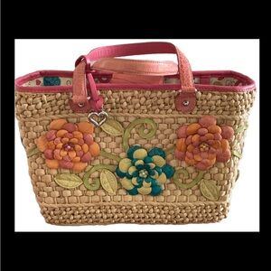 Brighton Shelby Straw Rattan & Embossed Croc Leather Floral Handbag
